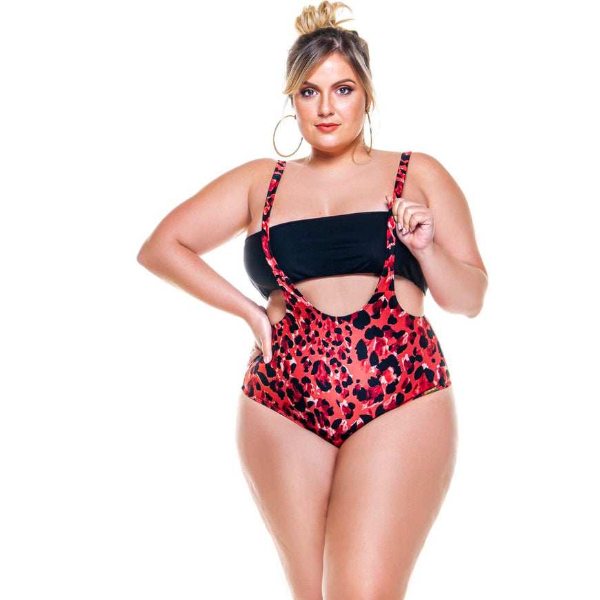 PLUS SIZE SAVANA PRINT JUMPER SWIMSUIT WITH BLACK TOP-LEHONA USA